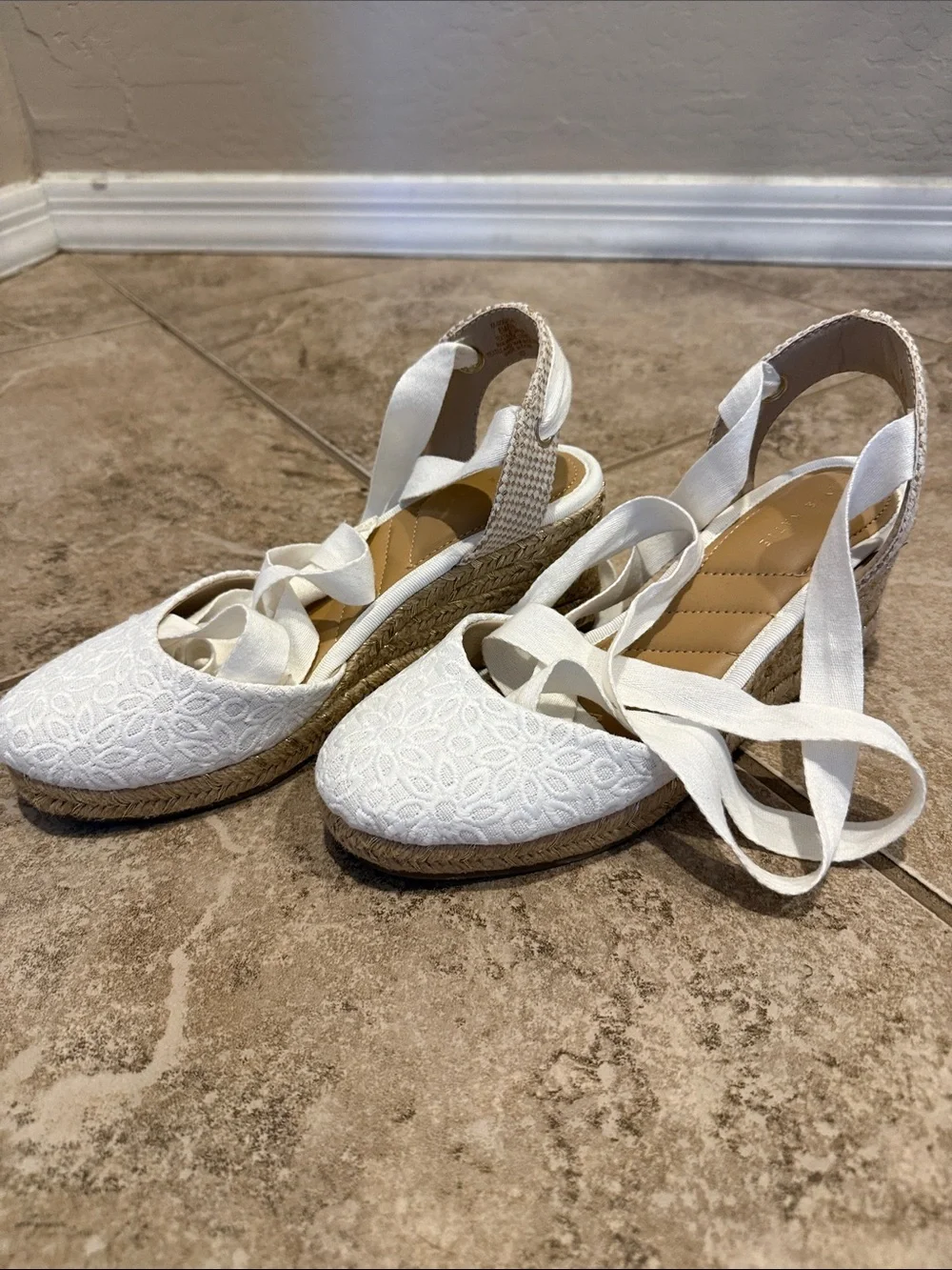 Kelly & Katie White Lace Espadrille Wedge with Ankle Ties